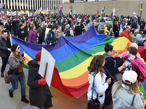 After GSA supporters rallied in front of the Alberta Legislature then marched to the building that Jason Kenney's campaign office was in on March 27, 2019. Ed Kaiser/Postmedia