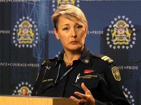 Carol Henke, Public Information Officer for the Calgary Fire Department, speaks to media in a 2017 file photo.