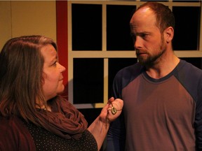 Spinning by Deirdre Kinahan presented by LIffey Players. IMG_1732-R - China Marsh (L) as SUSAN with Jerod Blake (R)  as CONOR. Photo by Dorin McIntosh.