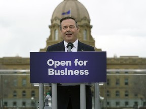 Alberta premier-designate Jason Kenney speaks at a news conference outside the Alberta Legislature building in Edmonton on Wednesday, the day after his United Conservative Party was elected to govern the province.