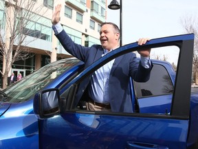 UCP Leader Jason Kenney greets supporters outside the Sheraton Eau Claire in Calgary on Tuesday, April 9, 2019.