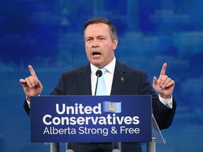 A victorious Jason Kenney greets supporters at the United Conservative Party election night headquarters in Calgary on Tuesday, April 16, 2019.