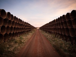 Miles of unused pipe, prepared for the proposed Keystone XL pipeline, sit in a lot on October 14, 2014 outside Gascoyne, North Dakota.