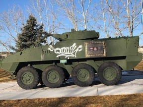 The Light Armoured Vehicle (LAV) III Monument in Airdrie was vandalized sometime between during the night of March 21 or early morning hours of March 22, 2019. The act has prompted local politicians to push law makers in Ottawa to increase the fines and penalties for defacing war memorials. Banff Legion / Facebook ORG XMIT: tzc6PzYAYu9d-DhkDbBJ