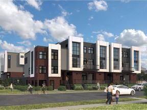 Artist's rendering of the exterior of Marlo, a brownstone townhome project by Vericon Communities in Marda Loop.