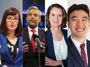 Calgary-Mountain View candidates Kathleen Ganley, David Khan, Angela Kokott and Jeremy Wong. MRU political scientist Duane Bratt expects to see a tight race between major parties in the riding.