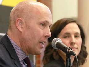 Greg Clark, Alberta Party candidate, and NDP candidate Janet Eremenko take part in a Calgary-Elbow candidates forum at Mount Royal College on   Thursday, March 28, 2019. Dean Pilling/Postmedia