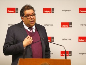 Mayor Naheed Nenshi speaks to reporters following an update to the YYC Matters website with answers from political parties. The answers are available at yycmatters.ca. Friday, April 5, 2019.