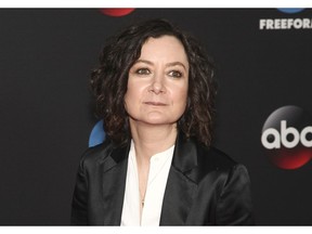 FILE - This May 15, 2018 file photo shows Sara Gilbert at the Disney/ABC/Freeform 2018 Upfront Party in New York. Gilbert, a co-host on the CBS show "The Talk," announced Tuesday, April 9, 2019 that she will be leaving the show at the end of this season.