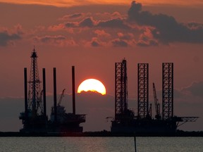 Oil rigs under construction in Louisiana.