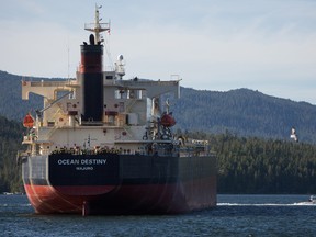 The Ocean Destiny bulk carrier freight ship navigates near the Port of Prince Rupert in Prince Rupert, British Columbia, Canada, on Tuesday, Aug. 23, 2016.