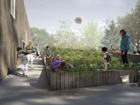 An artist's rendering of people using the urban garden at Grow, by Rndsqr.
