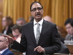 Minister of Natural Resources Amarjeet Sohi rises during Question Period in the House of Commons on Parliament Hill in Ottawa on November 19, 2018.