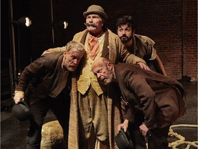 L to R: Andy Curtis (Vladimir), Duval Lang (Pozzo), Christopher Hunt (Estragon) and Tyrell Crews (Lucky) in Black Radish's Waiting for Godot. Courtesy, Jeff Yee