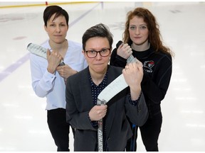 L-R, Calgary Inferno Assistant Coach Beck McGee, General Manager, Kristen Hagg, and Inferno player and representative on the CWHL Players Association, Dakota Woodworth held a press conference to answer media questions about the Canadian Women Hockey League's announcement to discontinue operations effective May 1, 2019 at Winsport in Calgary on Monday, April 1, 2019. Darren Makowichuk/Postmedia