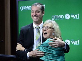 Green Party of Canada leader Elizabeth May introduces newly elected Green MP Paul Manly during a press conference on Parliament Hill in Ottawa on Friday, May 10, 2019.