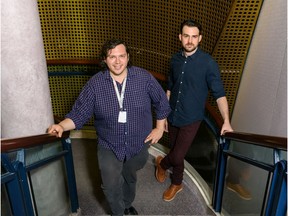 Stage manager Jared Tailfeathers, left, and film editor Garrett Cooper pose for a portrait in Engineered Air Theatre.