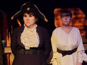 Wendy Froberg as Ahab (left) and Joanna Iles as Ishmael in Scorpio Theatre's Moby Dick.