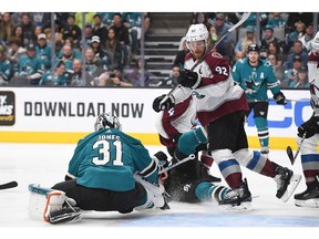 SAN JOSE, CA - MAY 04:  Goaling Martin Jones #31 of the San Jose Sharks defends his goal against Gabriel Landeskog #92 of the Colorado during the third period in Game Five of the Western Conference Second Round during the 2019 NHL Stanley Cup Playoffs at SAP Center on May 4, 2019 in San Jose, California.