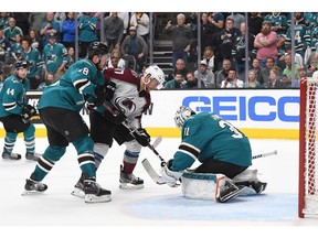 SAN JOSE, CA - MAY 08:  Tomas Hertl #48 and goalie Martin Jones #31 of the San Jose Sharks defends their goal against Tyson Jost #17 of the Colorado Avalanche during the third period of Game Seven of the Western Conference Second Round during the 2019 NHL Stanley Cup Playoffs at SAP Center on May 8, 2019 in San Jose, California. The Sharks won the game 3-2.