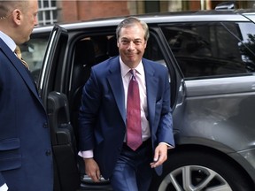 LONDON, ENGLAND - MAY 27: Brexit Party leader Nigel Farage arrives at Millbank Studios on May 27, 2019 in London, England. The Brexit party won 10 of the UK's 11 regions, gaining 28 seats and more than 30% of the vote.