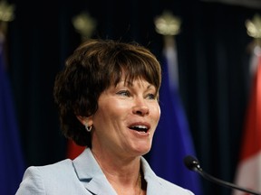 Energy Minister Sonya Savage speaks about Bill 12, the turn-off-the-taps legislation, during a press conference with Premier Jason Kenney in the media room in the Alberta Legislature in Edmonton, on Wednesday, May 1, 2019.