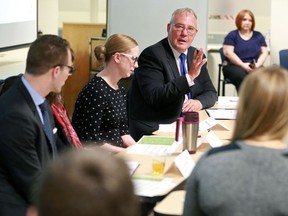 Bill Blair, Minister of Border Security and Organized Crime Reduction participates in a round table discussion on cannabis with students at the University of Calgary Cumming School of Medicine before announcing $24.5 million in funding for cannabis research and public awareness activities on Wednesday. Some of the funding will go to research projects at the U of C.