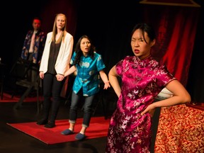 Ben Wong, Jamie Matchullis, Kelsey Verzotti and Chantelle Han in Lunchbox Theatre's 2017/2018 production of Ai Yah! Sweet & Sour Secrets by Dale Lee Kwong. Dale's prequel, Ai Yah! Open the Door!, is a part of the theate's 2019 Stage One Festival of New Canadian Work.