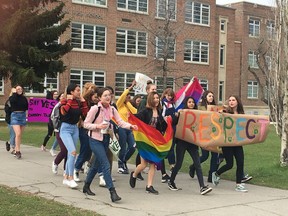 Students protest the new Alberta government's expected changes to gay-straight alliance law outside Western Canada High School in Calgary on May 3, 2019.