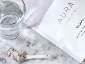 The AURA ingestible skin care powder created by Avalon Lukas and Lauren Fischbuch. For Jody Robbins column