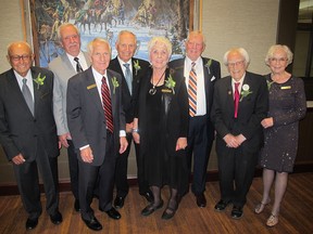 Recipients of the inaugural Top 7 Over 70 awards in 2017 were (L-R): Amin Ghali, Al Muirhead, Gerry Miller, Donald Seaman, Vera Goodman, Alan Fergusson, Richard Guy (who at 101 received a Citation of Unique Merit), and Marjorie Zingle.