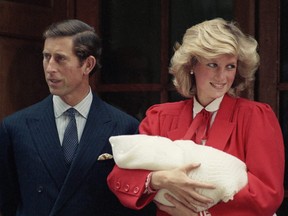 In this Sept. 16, 1984 file photo, the Prince and Princess of Wales, Prince Charles and Princess Diana leave St. Mary's Hospital in Paddington, London with their new baby son, Prince Harry who was born on Sept. 15.