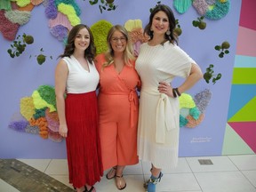 From left at the official unveiling of CHROMA at  Southcentre Mall are: WILD Public Relations' Erica Morgan and Kristen Novak with PARK founder Kara Chomistek. PARK curated the exhibition that features unique works from eight local artists.