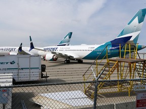 Grounded WestJet 737 Max 8 aircraft are parked outside WestJet's Calgary hangers on Monday May 13, 2019.