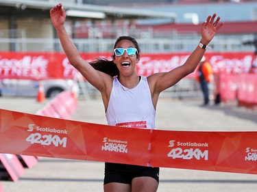 Leanne Klassen of Calgary wins the women’s division of the Scotiabank Calgary Marathon on Sunday May 26, 2019. Klassen finished the race in 2:51:01