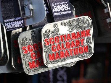 Medals await finishers of the Scotiabank Calgary Marathon at Stampede Park on Sunday May 26, 2019.