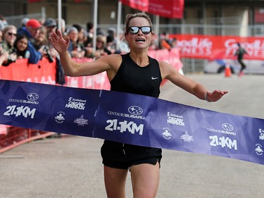 Lynsey Romano of Hinton, Alta. wins the women’s Centaur Subaru Half Marathon in 1:23:40 on Sunday May 26, 2019.