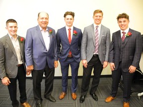The 57th Annual  Calgary Italian Sportsmen's Dinner featured baseball legend Johnny Bench (second from left). The ultimate guys night out was not only a ton of fun, but philanthropic as well — honouring graduating students of Italian descent who excelled in athletics, academics and community service. From left are: dinner co-featured speaker and Olympic gymnast Jackson Payne; Bench; and 2019 scholarship recipients — Notre Dame High School's Jonathan Giustini; Sir Winston Churchill High School's Colin Petrillo; and St. Francis High School's Anthony Cardone.
