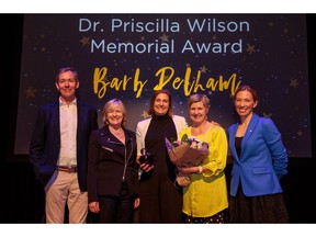 Pictured, from left, at the inaugural Dr. Priscilla Wilson Memorial Award presentation to Banff resident Barb Pelham are Ted Wilson, Caroline Wilson, Barb Pelham, Connie MacDonald and Beckie Scott.