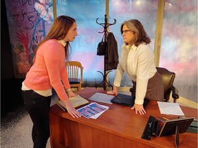 Jessica Eckstadt and Karen Johnson-Diamond as Ms. Lawson and Mrs. Rutter in Care Takers, at Lunchbox Theatre.