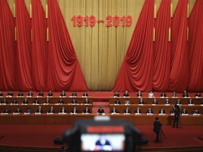Chinese President Xi Jinping, center and other top leaders attend a commemoration ahead of the 100th anniversary of the May 4 Movement at the Great Hall of the People in Beijing on Tuesday, April 30, 2019. 
But aside from these few official events, the country has remained quiet about the anniversary.