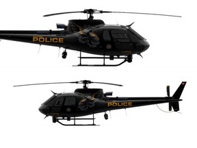 Renderings depicting paint and decal schemes for two new police helicopters contained in bid documents published by the City of Calgary.