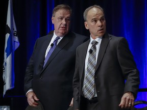 Canadian Natural Resources Ltd. chairman Murray Edwards, left, and president Tim McKay prepare to address the company's annual meeting in Calgary on Thursday, May 9, 2019.