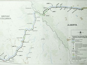 A map of the proposed Trans Mountain pipeline expansion is shown as the National Energy Board releases the board's reconsideration report on marine shipping related to the expansion project, in Calgary, Alta., Friday, Feb. 22, 2019. The federal government is extending the deadline to make a decision on Trans Mountain pipeline expansion project to June 18.