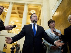 Alberta Premier Jason Kenney reacts to a question as he speaks to reporters on Parliament Hill in Ottawa on May 2, 2019. Alberta Premier Jason Kenney and his new government head to the house this week to launch an ambitious legislative agenda of loud changes set to the sounds of silence. Kenney has promised what he calls a "spring of renewal" in his United Conservatives' first legislature session since winning the April 16 election over former premier Rachel Notley's NDP.