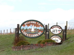 A sign welcoming visitors to the City of Chestermere town hall is pictured on westbound Highway 1 on Wednesday, May 8, 2019.