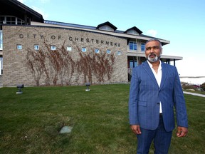 Chestermere Councillor Ritesh Narayan poses in front of  the City of Chestermere town hall on Wednesday, May 8, 2019. The city is about 20 km east of Calgary and has a population of about 20,000. Jim Wells/Postmedia