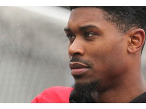 Defensive back DaShaun Amos talks to media following the first day of Calgary Stampeders' rookie camp in Calgary Thursday, May 16, 2019. Jim Wells/Postmedia