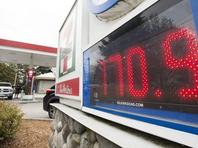 Gas prices posted in Vancouver on April 17, 2019.