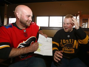 Zach Barr and Josh McNeil are in a celebratory mood after winning over $10 thousand dollars on a $10 bet in the first round of NHL playoffs. The two are planning a trip to Las Vegas with their winnings. They made their bets here at Original Joe's in Avenida. Saturday, May 4, 2019. Brendan Miller/Postmedia